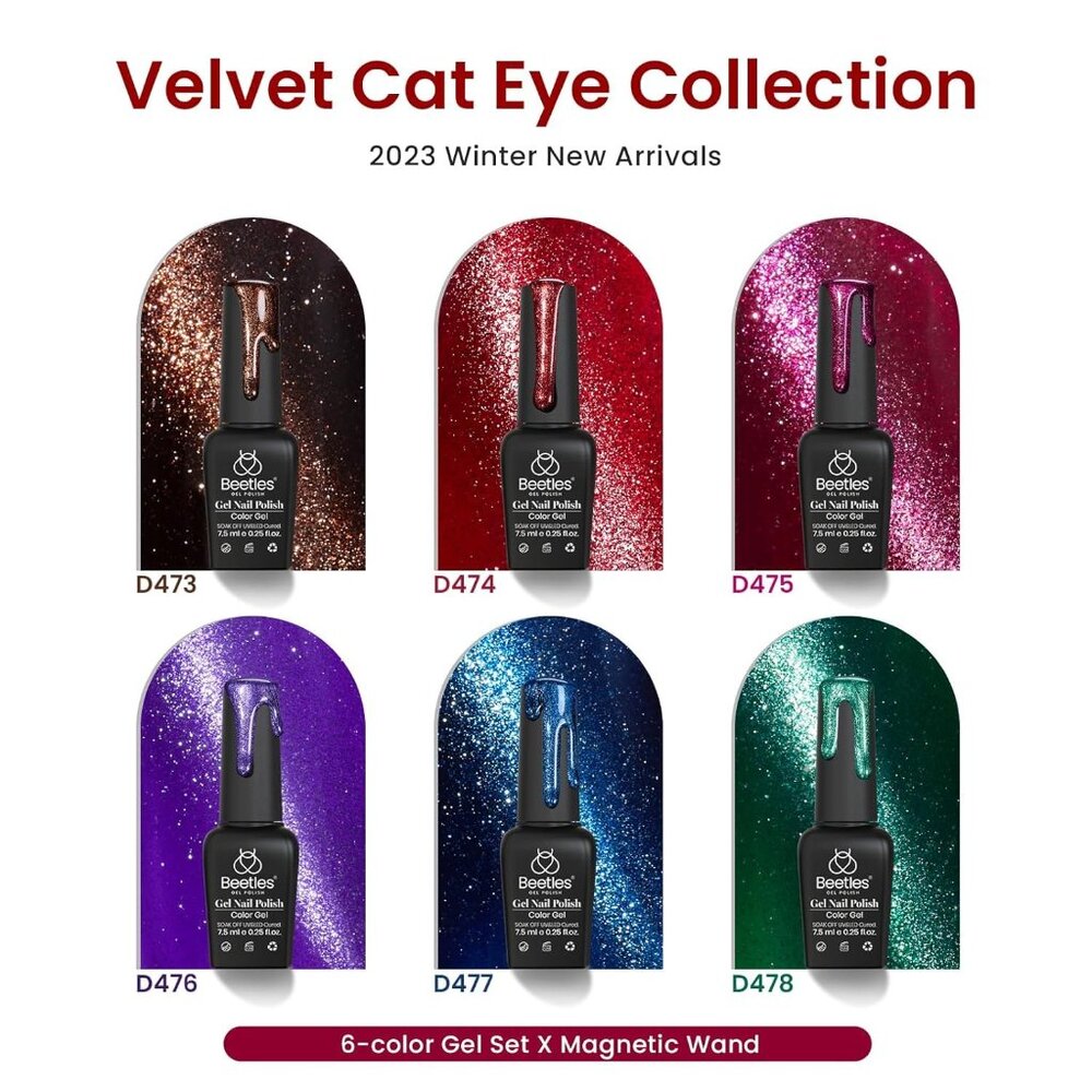 Beetles Cat Eye Gel Nail Polish Set, 6 Colors Christmas Gel Polish Kit Glitter R View 2